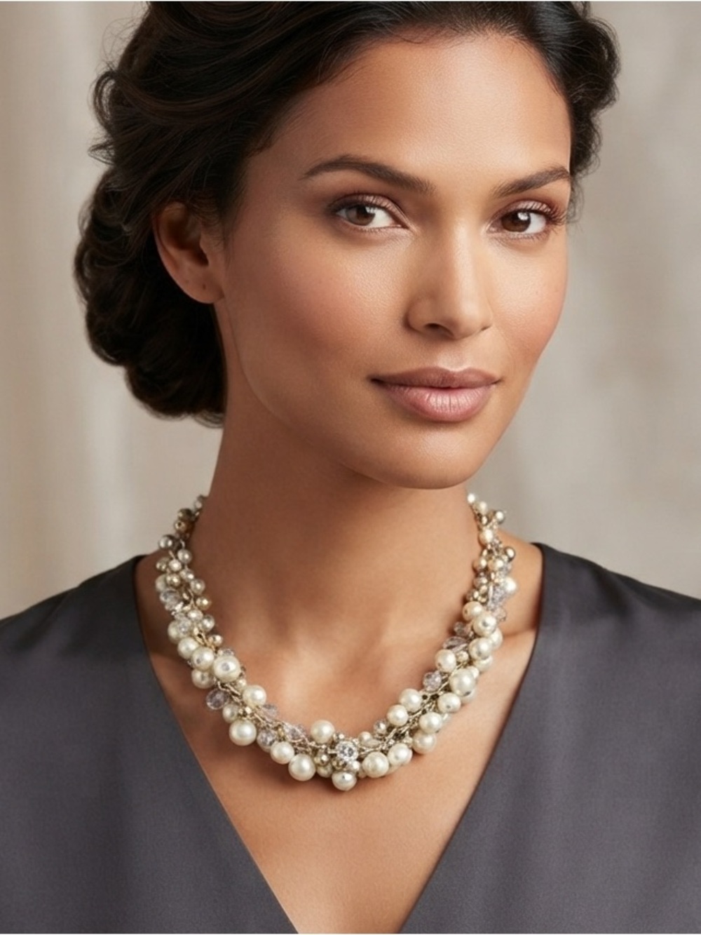 THE LIMITED Necklace Faux Pearl Crystal silver Tone Beads Clusters